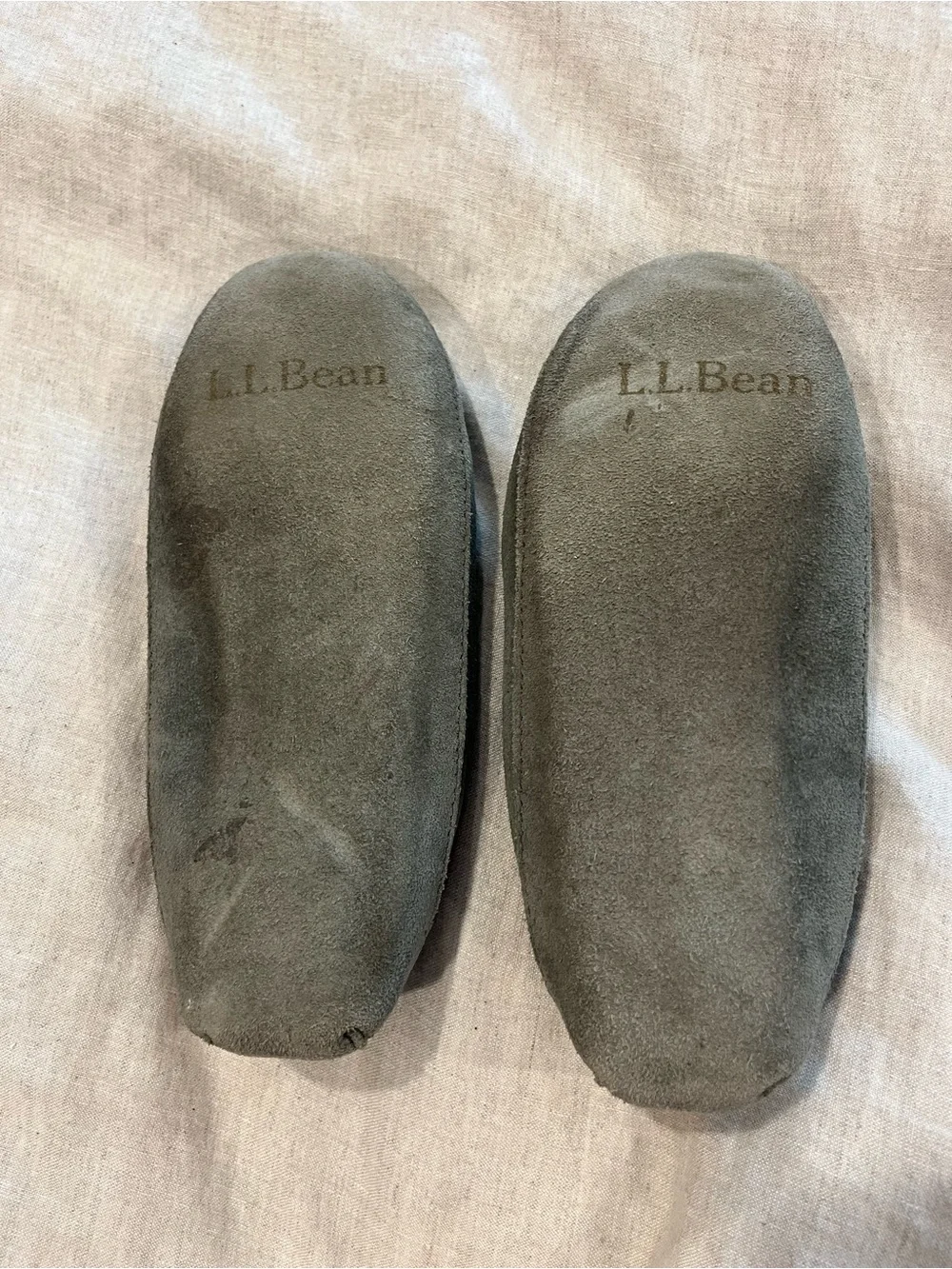 L. L. Bean Cozy Suede Moccasin Slippers in Olive with Rust Fur Lining